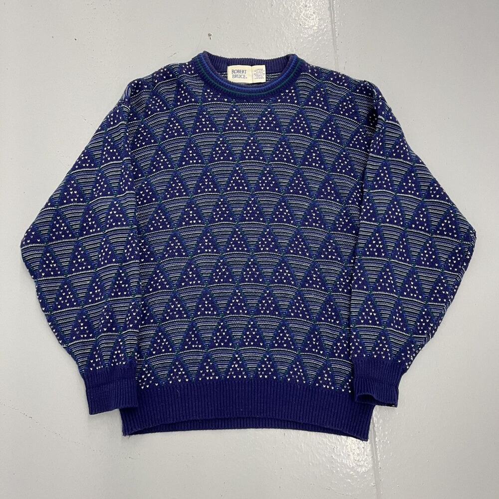 Vintage 90s Robert Bruce Blue Geometric Pattern Sweater